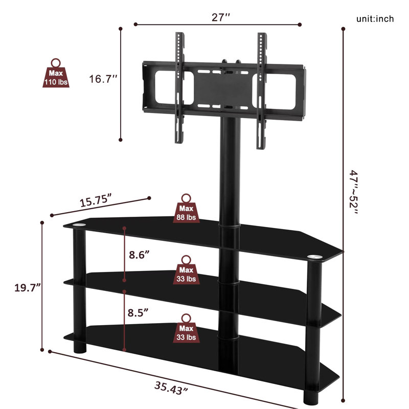 35.4 Inch Black Tv Stand, Height Adjustable Bracket, Swivel 3, Fits 32-65 Tvs, 1.96"/3" Aluminium Tube Stand With 3 Shelves And Function, Construction