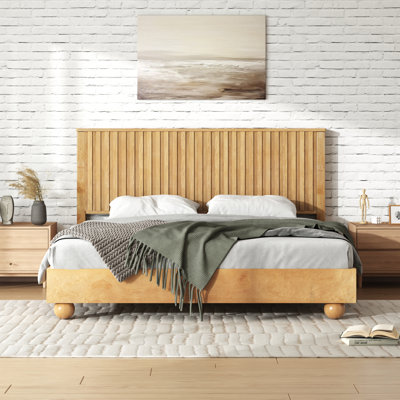 Aurelin Modern Natural Wood Bed Frame With Reeded Headboard And Elegant Ball Legs