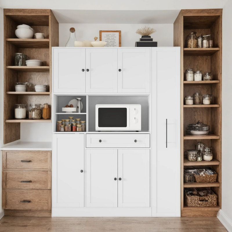 Pull-Out Side Cabinet Buffet Hutch, Extra-Deep Storage Pantry Cabinet for Kitchen/Dining Room, White