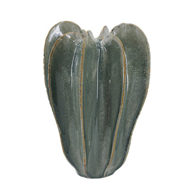 Green Ribbed Sculptural Cactus Ceramic Vase, 8.9" x12.8", Decorative Flower Urn