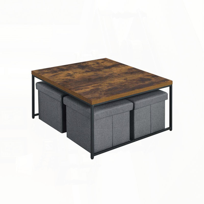 Ensemble de 5 tables basses avec 4 tabourets de rangement Caterina - Chêne vieilli