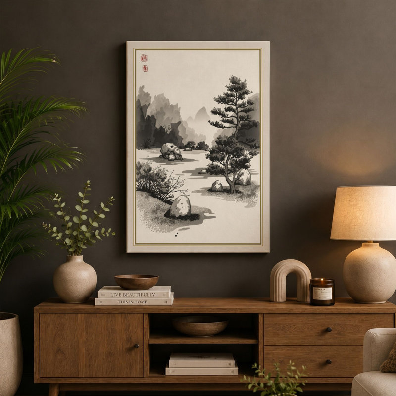 Misty Valley Stream Japandi - Wrapped Canvas, 18x12 - 45.7 x 30.5 cm, White Border