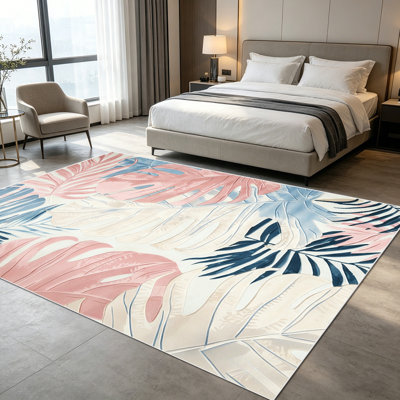Tapis décoratif à motif pastel de 1 feuille de palmier tropical pour salon, doux, toutes saisons, facile à entretenir, lavable, idéal pour la table de salle à manger, la chambre à coucher, la cuisine, l'entrée, le patio, le porche, la décoration intérieure et extérieure.