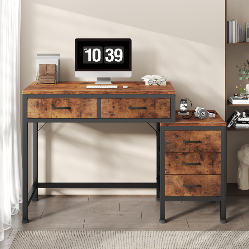 Bureau d'ordinateur 51 po avec 5 tiroirs et support pour imprimante, Brun rustique