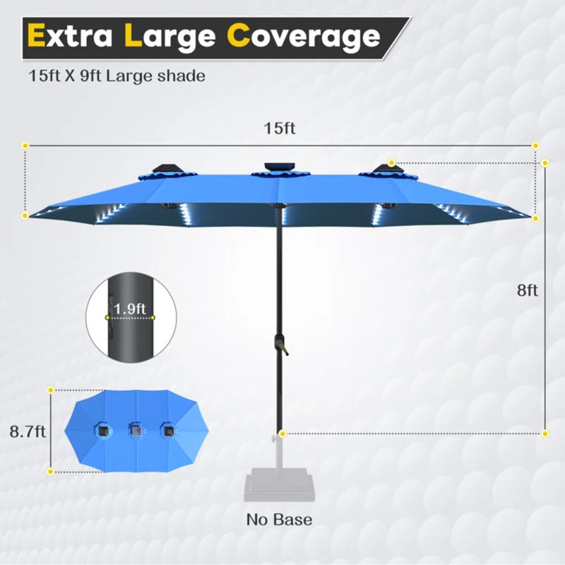 Grand parasol double 15 pi avec lumières solaires, Bleu très foncé