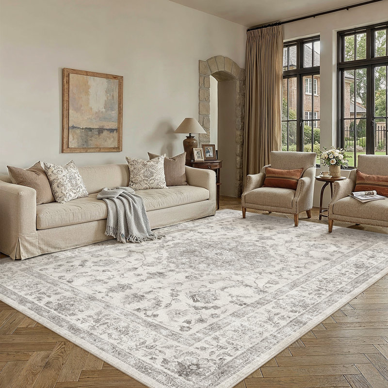 Tapis lavable floral Hayes, Gris, Rectangulaire 8 pi x 10 pi