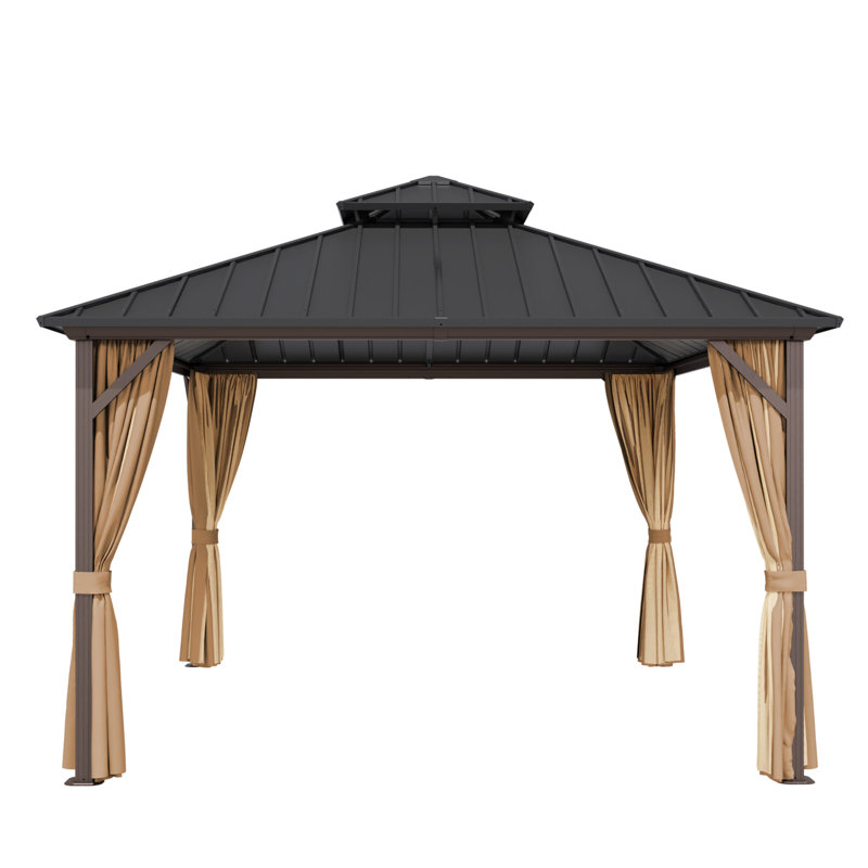 Pavillon de jardin d'extérieur à toit rigide en acier à 2 niveaux 11,6 pi x l 11,6 pi avec protection totale en filet