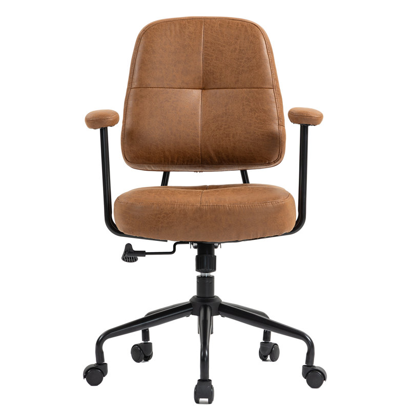  Home Office Chair, Upholstered Desk Chair With Armrests, Mid Century Modern Comfy Computer Chair With Wheels, Adjustable Faux Leather Desk Chair For Home Office (brown -metal Pipe)