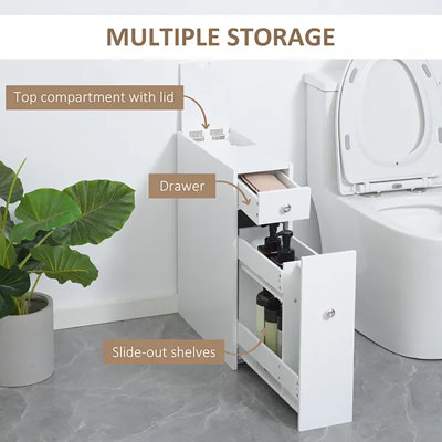 White narrow standalone MDF bathroom storage cabinet with sliding drawers and 4 compartments, 22.75 inches in height