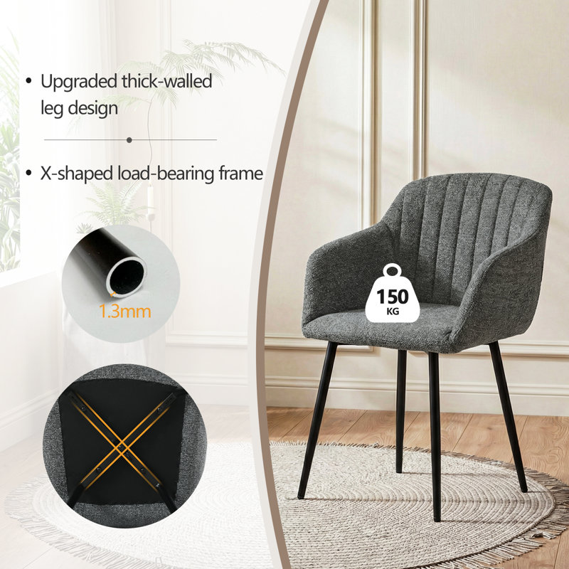 Ohio Modern Upholstered Dining Chairs with Metal Legs, Grey Chenille, 2