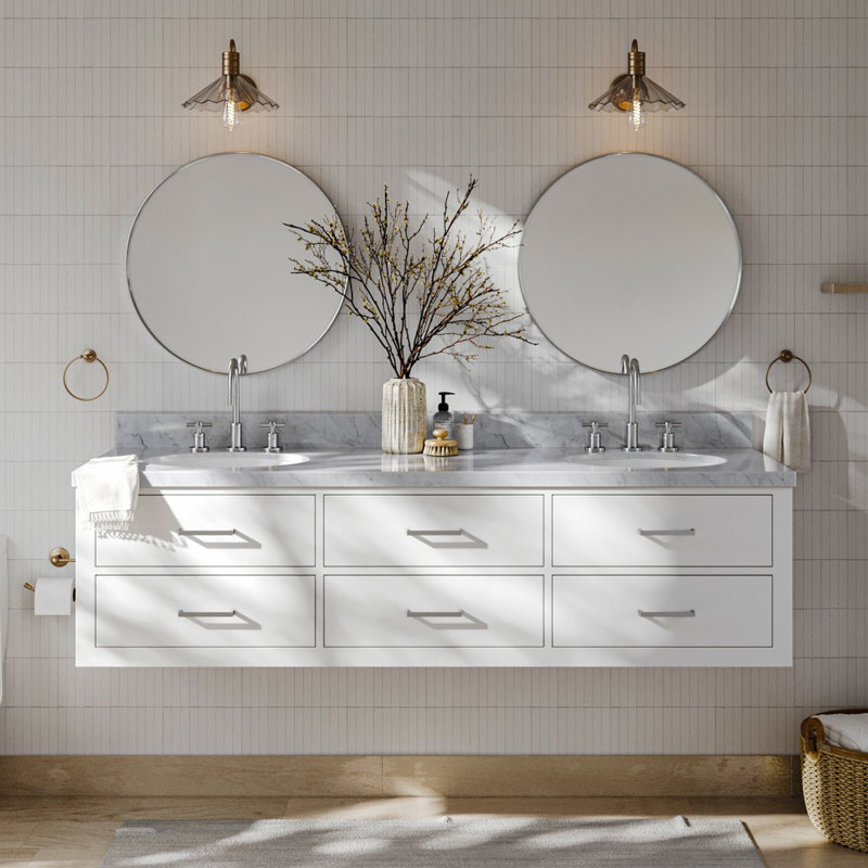 73'' W Double Vanity, Brushed Nickel, Gray, Pure White Quartz