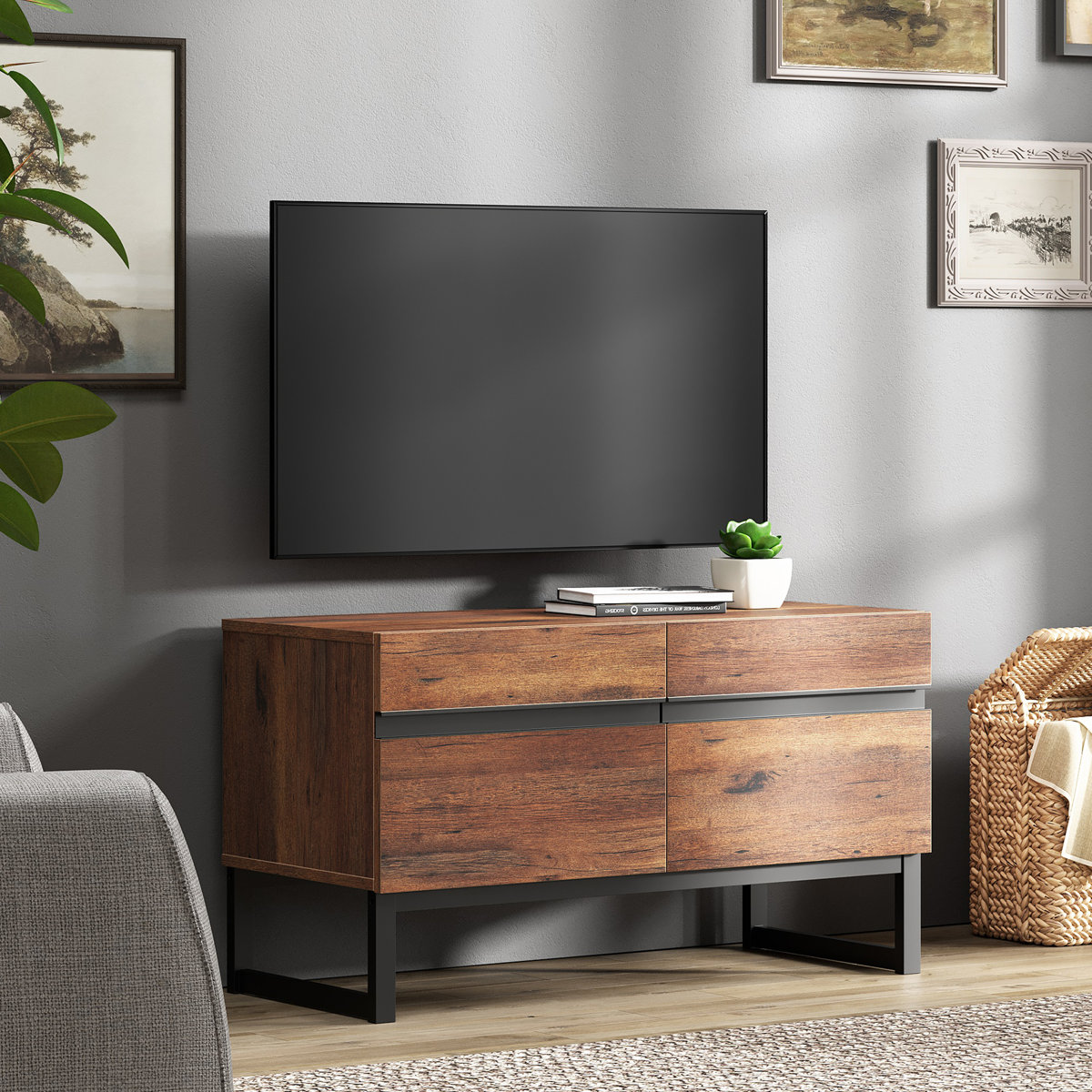 Slim storage media console TV stand
