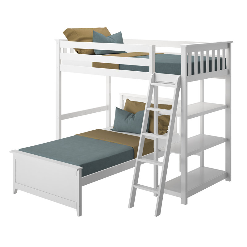 Lit superposé en forme de L avec bibliothèque Friedman, Simple sur simple, Bureau, Argile