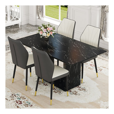 Ensemble de table et de chaises. Ensemble de salle à manger en panneau de fibres à densité moyenne à motif de marbre - 63 po x 35,4 po avec 4 chaises en polyuréthane avec un dossier élargi. Vous procure une sensation luxueuse.
