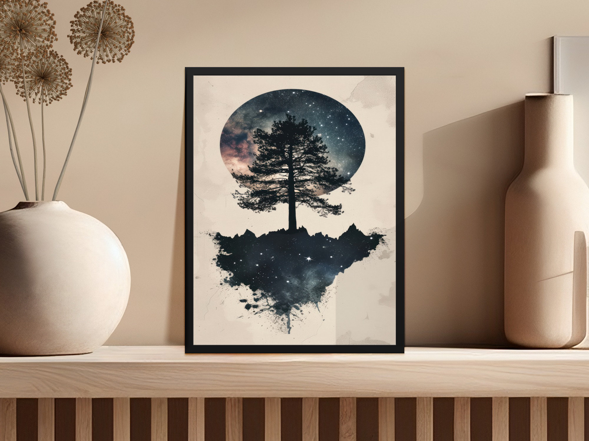 Brayden Studio Tree with Starry Night Sky Silhouette Black Framed ...