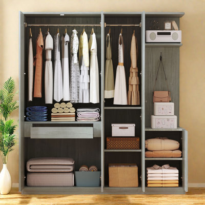 4-Door Wardrobe With Shelves, Drawers, And Full-Length Mirror