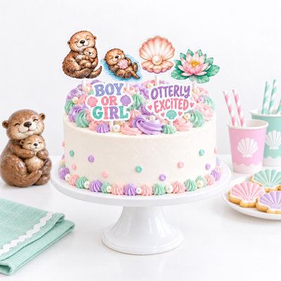 Otterly Excited Gender Reveal Cake Decorations, Sea Otter Boy or Girl Shell Paper Toppers, Lilac Mint Set of 6