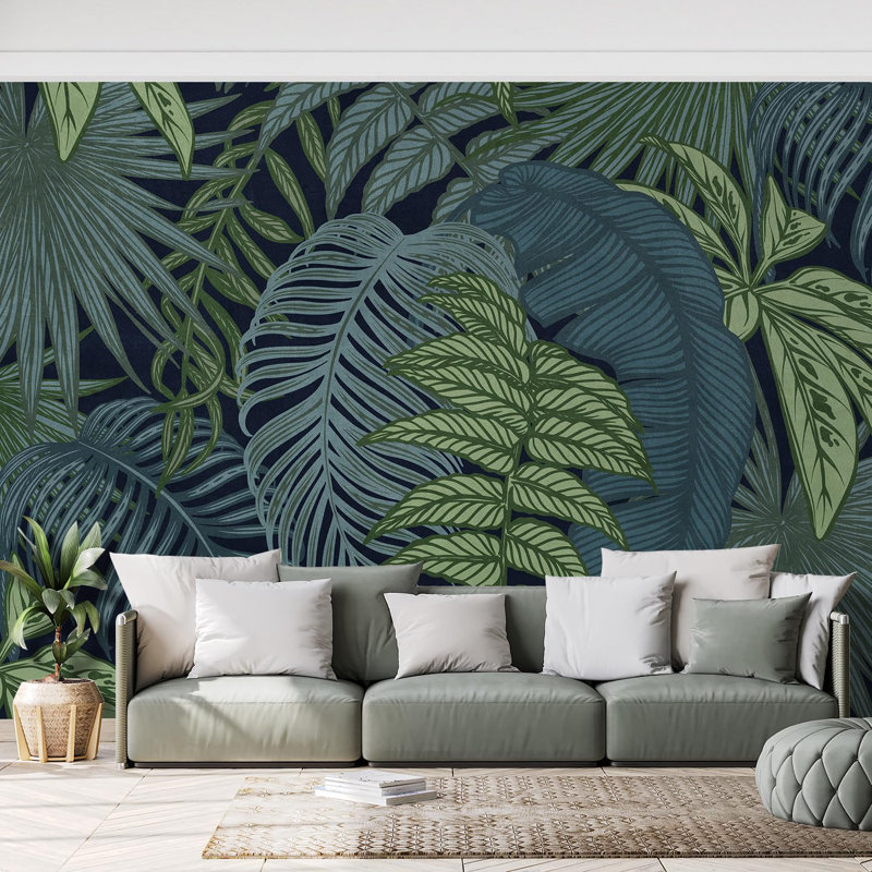 Nuit tropicale audacieuse et exotique avec des feuilles bleu sarcelle, L 66 po x l 96 po