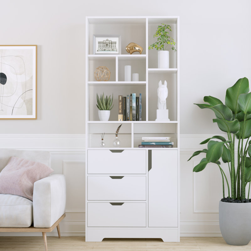 71" H X 29.5" W Storage Bookcase Cube Bookshelf with Display Shelves, Drawers and Doors, White