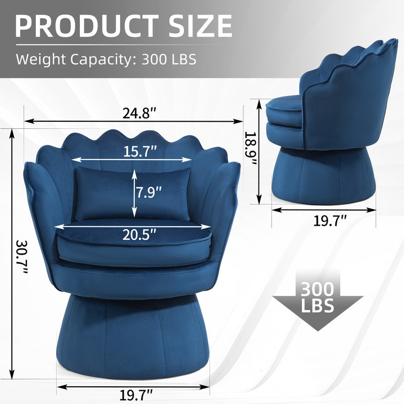Fauteuil d'appoint rembourré et pivotant en velours, Velours bleu