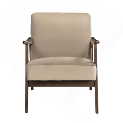 Chaise d'appoint de style Mid-Century moderne en velours brun clair avec revêtement en noyer foncé et coussins en mousse haute résilience