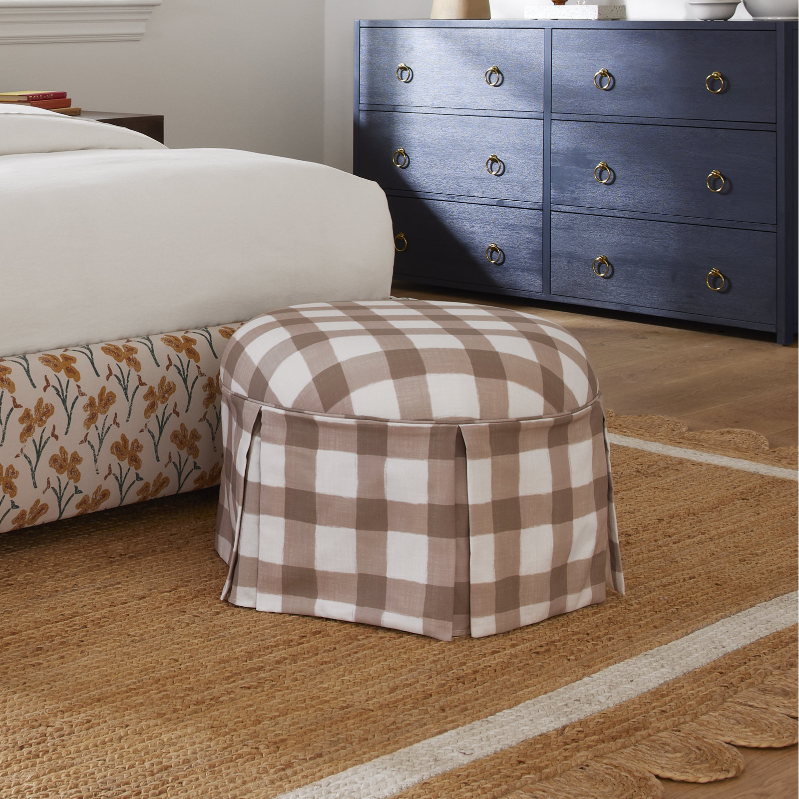 Manders 25" Cotton Ottoman, Buffalo Square Taupe