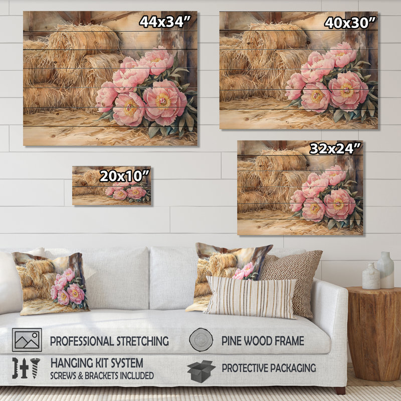 Farm Peonies In The Hayloft II - Peonies Wood Wall Art - On Natural Pine Wood, 24" H x 32" W x 0.78" D
