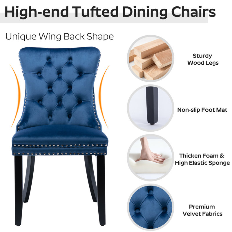 Round Wooden Dining Set with Velvet Dining Chair, Dark Brown, Blue
