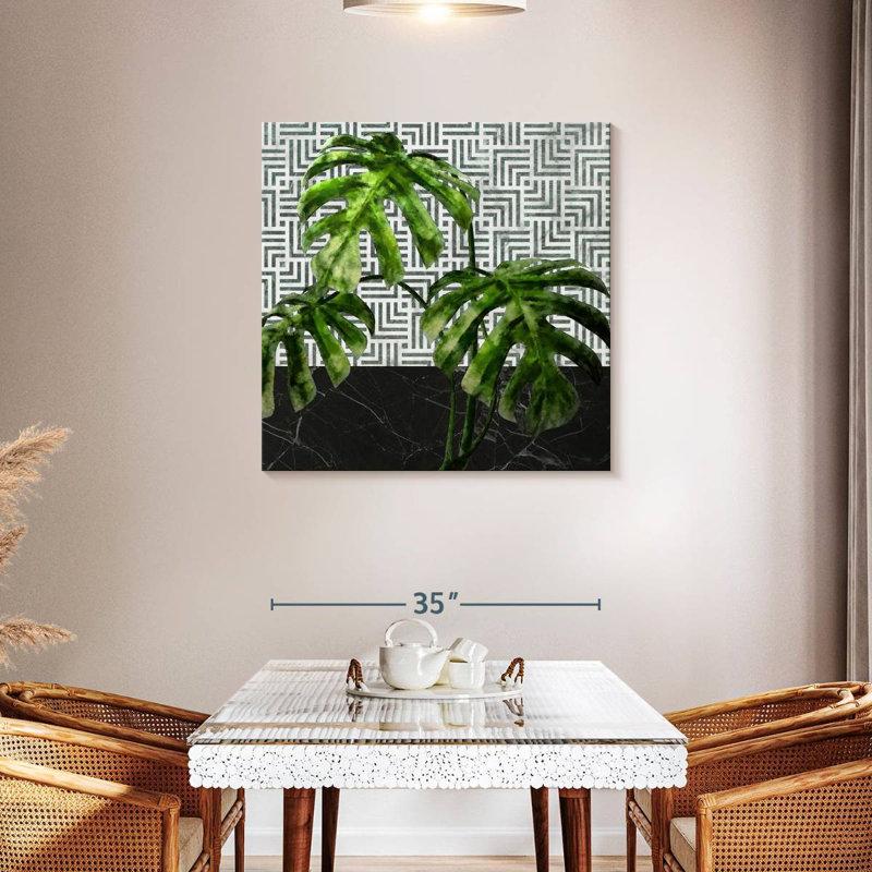 Harnek Monstera feuilles sur marbre noir et carreaux, H 36 po x l 36 po