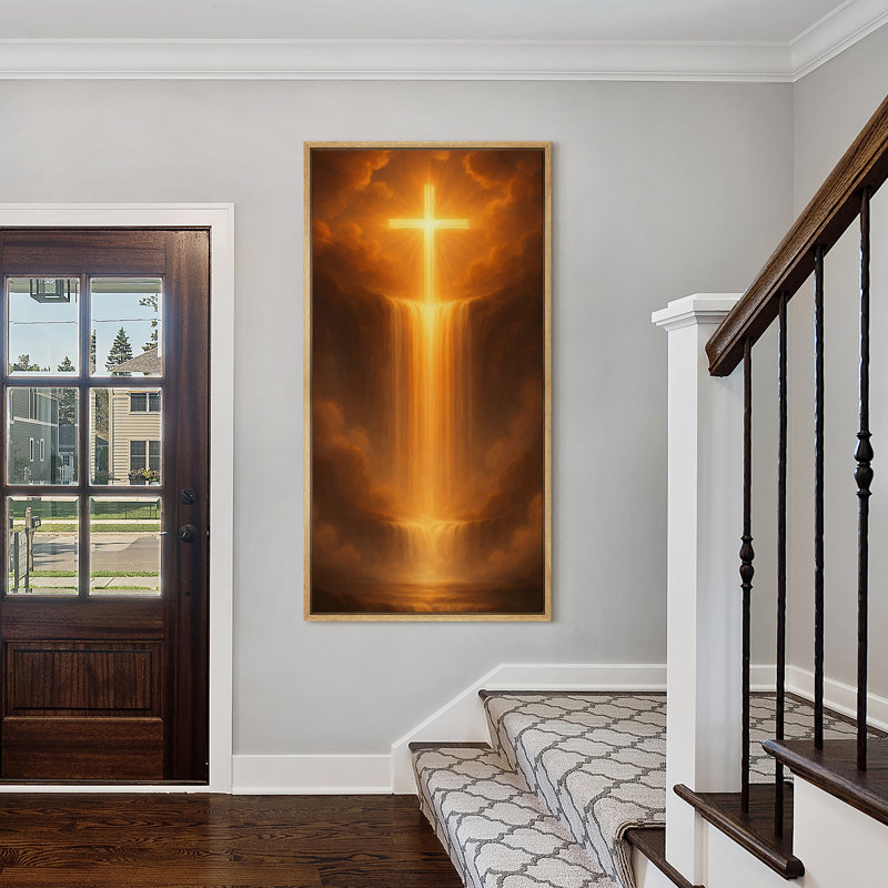 «Glowing Cross Light Waterfall Heavenly», art mural vertical sur toile encadrée, Naturel, H 60 po x l 30 po