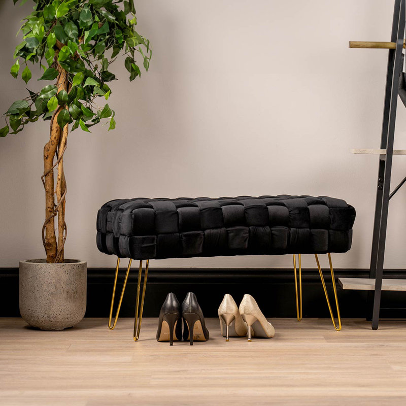 Abitha Upholstered Velvet Woven Bench for Bedroom Furniture, Modern Accent Bench with Iron Metal Legs, Black