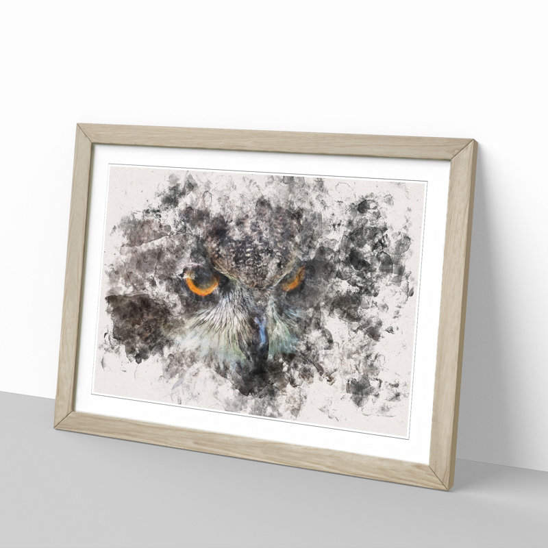 A Great Horned Owl Watercolour - Single Picture Frame Print on MDF, 45cm H x 63cm W x 2cm D, Oak Framed