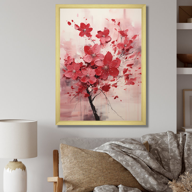 Été rose cerisier en fleurs IV - Art mural cerisier en fleurs, Cadre doré simple, H 44 po x l 34 po x P 1,5 po