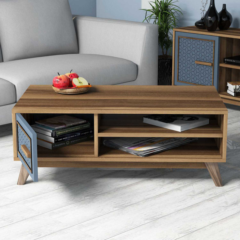 Modern Coffee Table with Numerous Shelves, Walnut & Blue, 41.3 x 15.0 x 23.0 inches | 100% Melamine Coated Particle Board, Thickness: 0.7 inches | Stylish Geometric Design for Contemporary Living Rooms & Offices