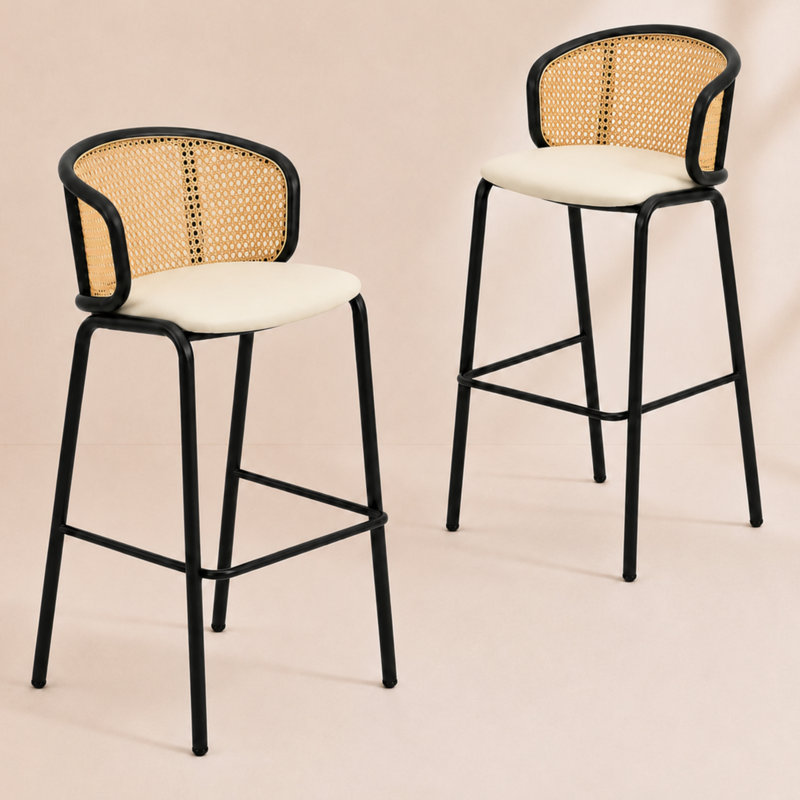 Tabouret de bar à hauteur de comptoir en cuir PU Daishun, chaise d'îlot de cuisine à dossier bas en osier moderne, tabouret de bar de luxe en acier inoxydable noir mat avec repose-pieds