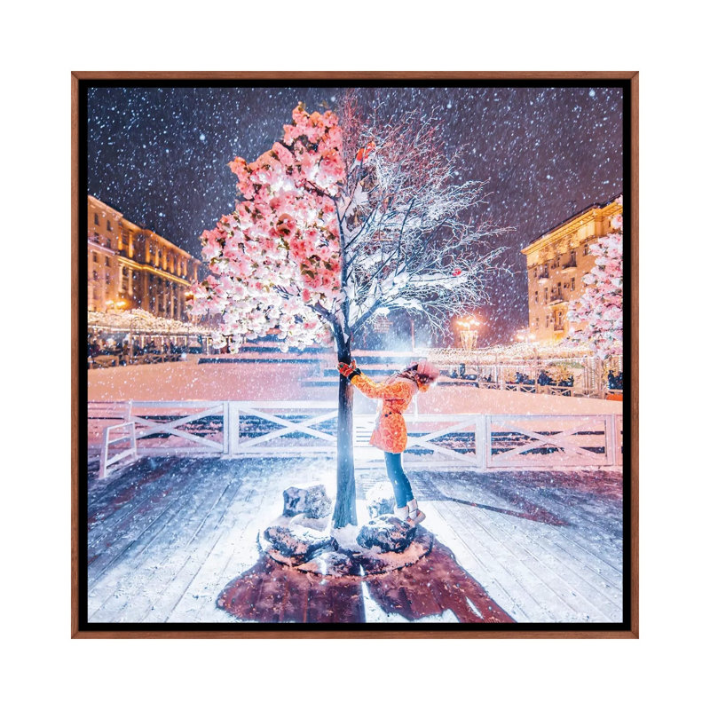 Printemps-hiver arbre par Hobopeeba-impression, H 26 po x l 26 po x P 1,5 po, Toile classique avec cadre brun, Pas de tapis