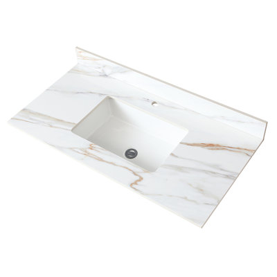 Bathroom 43 Inch Vanity Top - White Marble With Mesmerizing Veins, Undermount Rectangular Sink, 4" Backsplash, Pre-Drilled Faucet Hole, Suits 42"X21" Cabinets Matches 42" W X 21" D