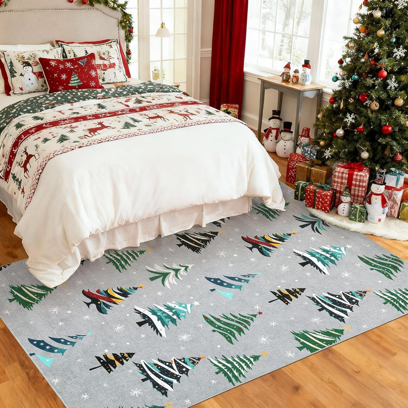 Christmas Rugs with Xmas Tree Pattern for Holiday Decor, Non Slip Low Pile Washable Rug for Kitchen, Entryway, Living Room, Bedroom