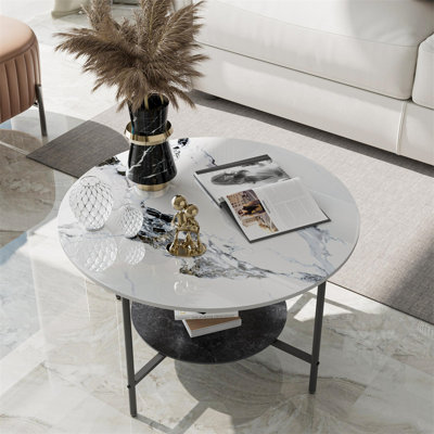 Round Coffee Table 2-Tier Sintered Stone Marble Center Table