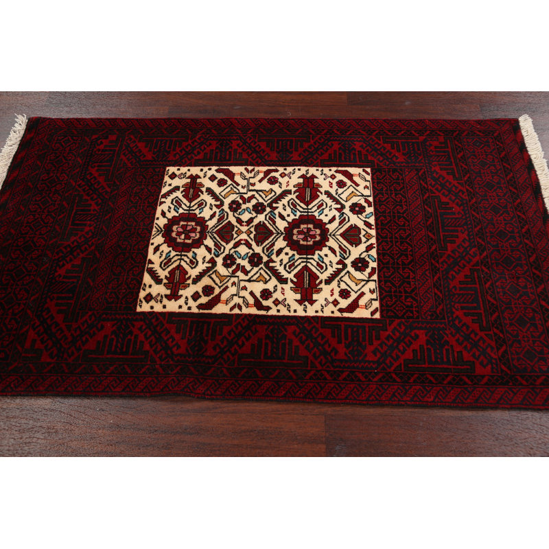 Tapis de couloir rouge en laine noué à la main de conception unique 2 pi 11 po x 5 pi Aquarius