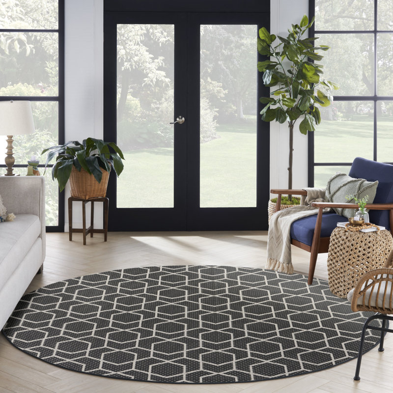 Reidy Black Modern Indoor/Outdoor Rug, Round 8', Black