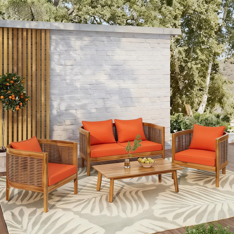 25.6 x 25.6 In Patio Furniture Cushions set of 4, Fade Resistant Outdoor Seat Cushions with 4 pairs of Ties, Deep Seat Cushion for Seat Patio Chairs, Rattan Furniture, Wicker Seating, outdoor Adirondack Chair,Orange