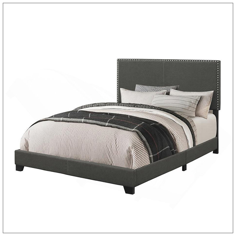 Lit avec garniture cloutée, pieds en bois robustes et structure ouverte pour une esthétique moderne, Gris anthracite, Double