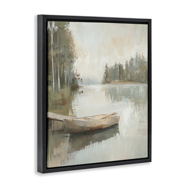Cadre flottant Canoe at Quiet Dock, design par Petal Prints Design, Cadre flottant noir de jais, H 21 po x l 17 po