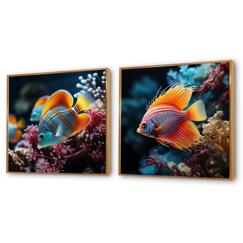 Ensemble de 2 magnifiques poissons-papillons bleus et oranges I - animaux, Cadre flottant doré, H 36 po x l 73 po