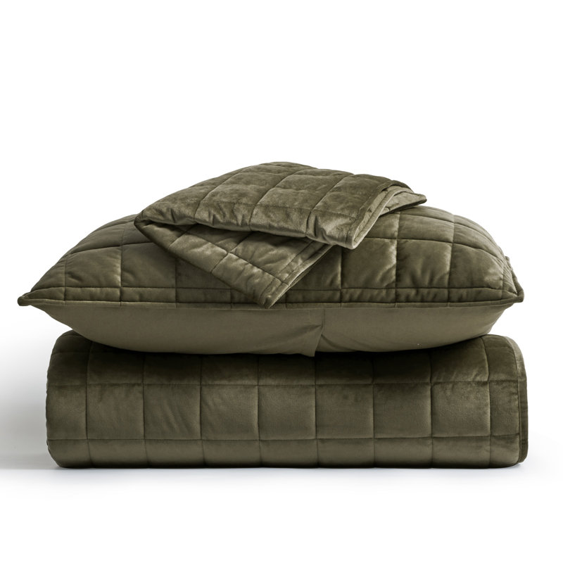 Box Stitch PearlVelvet Quilt set, Queen Quilt + 2 Standard Shams, Moss Green