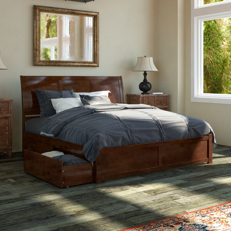 Fitzsimmons Solid Wood Sleigh Storage Platform Bed with Footboard and Under Bed Drawers, Walnut, King