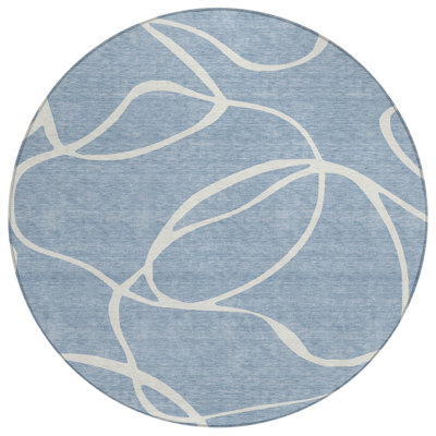 8' Denim Blue And Ivory Round Abstract Washable Indoor Outdoor Area Rug