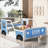 Car-shaped platform bed for children's bedroom, deep blue solid pine, full size with decorative wheels-1327188013