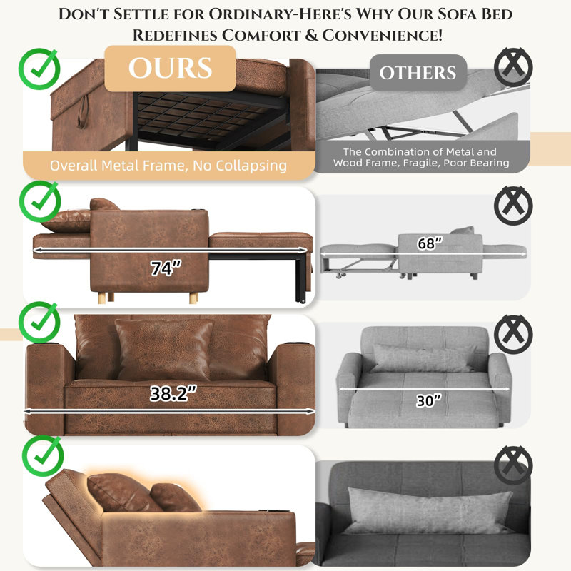 Emma-Leigh 1 Seater Fabric Accent Chairs Bed, Brown Faux Leather